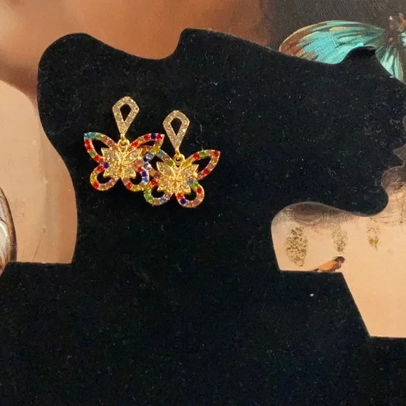 Butterfly colorful rhinestone earrings (New) - Picture 1 of 2